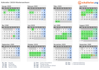 Kalender 2020 mit Ferien und Feiertagen Niedersachsen