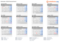 Kalender 2020 mit Ferien und Feiertagen Deutschland