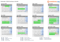 Kalender 2020 mit Ferien und Feiertagen Sachsen-Anhalt