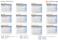Kalender 2020 mit Ferien und Feiertagen Estland