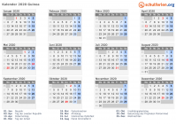 Kalender 2020 mit Ferien und Feiertagen Guinea
