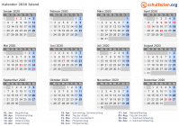 Kalender 2020 mit Ferien und Feiertagen Island