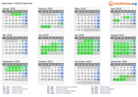 Kalender 2020 mit Ferien und Feiertagen Piemont