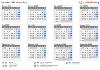 Kalender 2020 mit Ferien und Feiertagen Kongo, Rep.