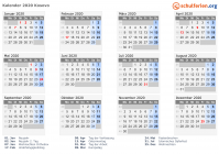 Kalender 2020 mit Ferien und Feiertagen Kosovo