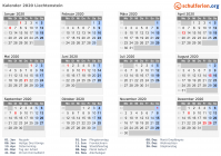 Kalender 2020 mit Ferien und Feiertagen Liechtenstein