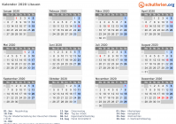 Kalender 2020 mit Ferien und Feiertagen Litauen
