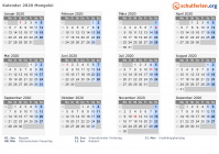 Kalender 2020 mit Ferien und Feiertagen Mongolei