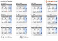 Kalender 2020 mit Ferien und Feiertagen Nepal