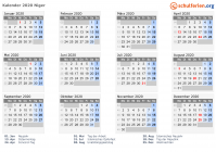 Kalender 2020 mit Ferien und Feiertagen Niger