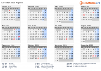 Kalender 2020 mit Ferien und Feiertagen Nigeria