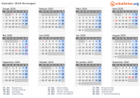 Kalender 2020 mit Ferien und Feiertagen Norwegen