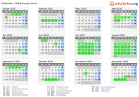Kalender 2020 mit Ferien und Feiertagen Burgenland