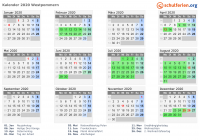 Kalender 2020 mit Ferien und Feiertagen Westpommern