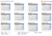 Kalender 2020 mit Ferien und Feiertagen Puerto Rico