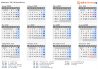 Kalender 2020 mit Ferien und Feiertagen Rumänien