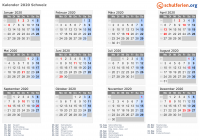 Kalender 2020 mit Ferien und Feiertagen Schweiz