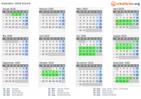 Kalender 2020 mit Ferien und Feiertagen Zürich