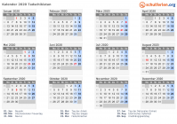 Kalender 2020 mit Ferien und Feiertagen Tadschikistan