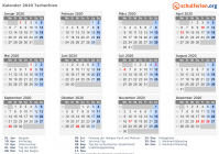 Kalender 2020 mit Ferien und Feiertagen Tschechien