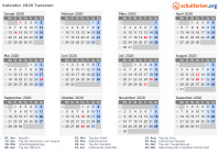 Kalender 2020 mit Ferien und Feiertagen Tunesien