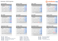 Kalender 2020 mit Ferien und Feiertagen Uganda