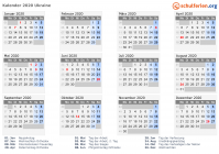Kalender 2020 mit Ferien und Feiertagen Ukraine