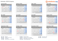 Kalender 2020 mit Ferien und Feiertagen Uruguay