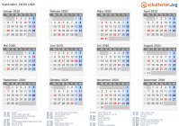 Kalender 2020 mit Ferien und Feiertagen USA