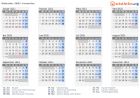 Kalender 2021 mit Ferien und Feiertagen Armenien