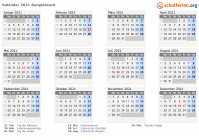 Kalender 2021 mit Ferien und Feiertagen Bangladesch