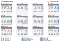 Kalender 2021 mit Ferien und Feiertagen Belize