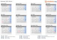 Kalender 2021 mit Ferien und Feiertagen Benin