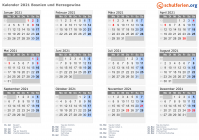 Kalender 2021 mit Ferien und Feiertagen Bosnien und Herzegowina