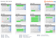 Kalender 2021 mit Ferien und Feiertagen Berlin