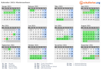 Kalender 2021 mit Ferien und Feiertagen Niedersachsen