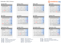 Kalender 2021 mit Ferien und Feiertagen Eritrea