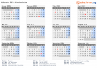 Kalender 2021 mit Ferien und Feiertagen Kambodscha