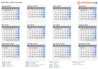 Kalender 2021 mit Ferien und Feiertagen Kanada