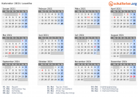 Kalender 2021 mit Ferien und Feiertagen Lesotho
