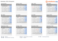 Kalender 2021 mit Ferien und Feiertagen Mongolei