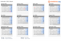 Kalender 2021 mit Ferien und Feiertagen Nepal