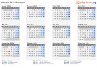 Kalender 2021 mit Ferien und Feiertagen Nicaragua