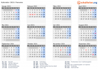 Kalender 2021 mit Ferien und Feiertagen Panama