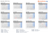 Kalender 2021 mit Ferien und Feiertagen Peru