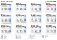 Kalender 2021 mit Ferien und Feiertagen Schweiz