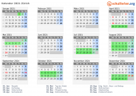 Kalender 2021 mit Ferien und Feiertagen Zürich
