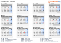 Kalender 2021 mit Ferien und Feiertagen Tunesien