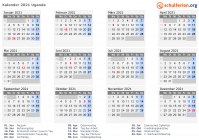 Kalender 2021 mit Ferien und Feiertagen Uganda