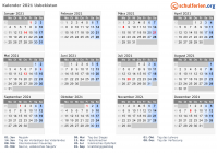 Kalender 2021 mit Ferien und Feiertagen Usbekistan